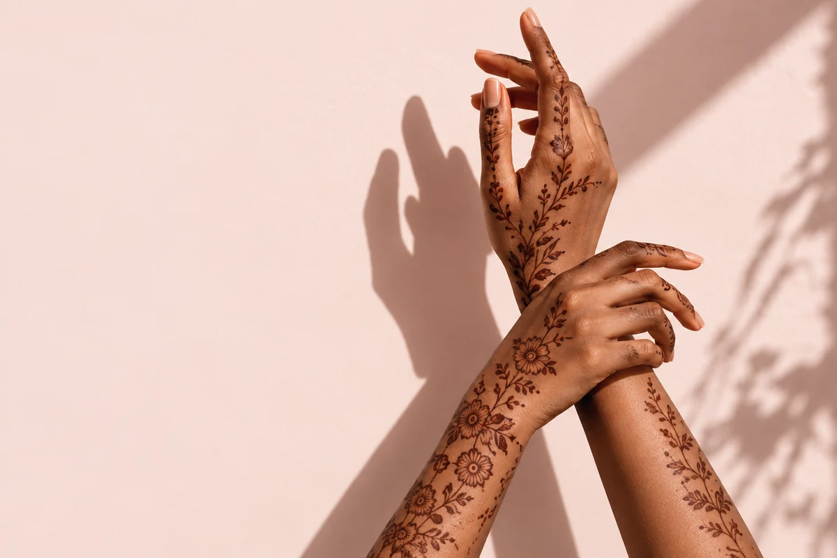 Artistic illustration of hands adorned with delicate botanical henna