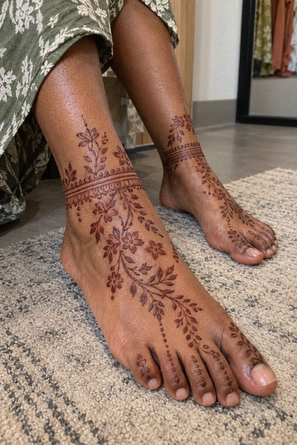 Shape Feet With Traditional Arabic Mehndi Designs And Symbolic Floral Motifs (The Petal-Path Rule)