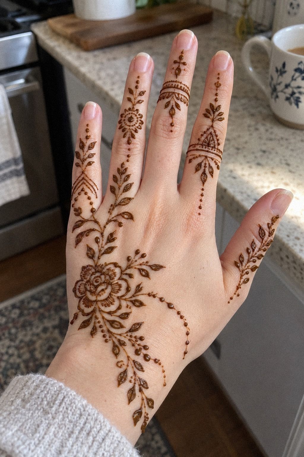Extend Delicate Traditional Arabic Mehndi Designs Along The Forearm (The Long-Vine Rule)